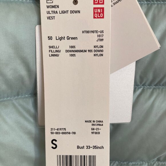 NWT UNIQLO Ultra Light Down Vest • Women’s SMALL • Light Seafoam Green - Picture 5 of 5